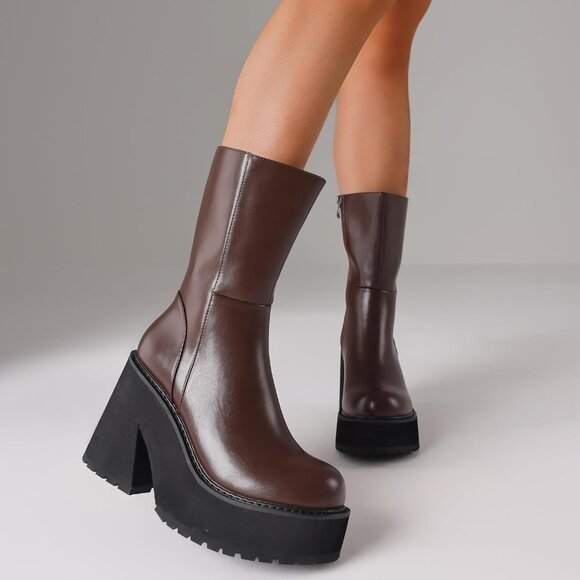 ⚡Women's A-brown Prime Synthetic Wedge Heel Ankle High Platform Zipper Punk Boot - Picture 3 of 6